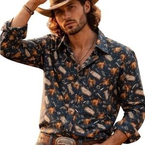 Kennington Western Shirt Horse Saddle Print Cowboy Ranchwear Cotton Size L
